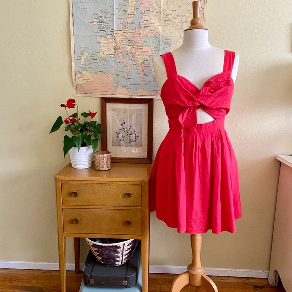 asos red bow dress TFNC structured mini dress in bengaline with bow back detail in red